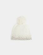 Image of Bonnet avec strass et pompon beige femme