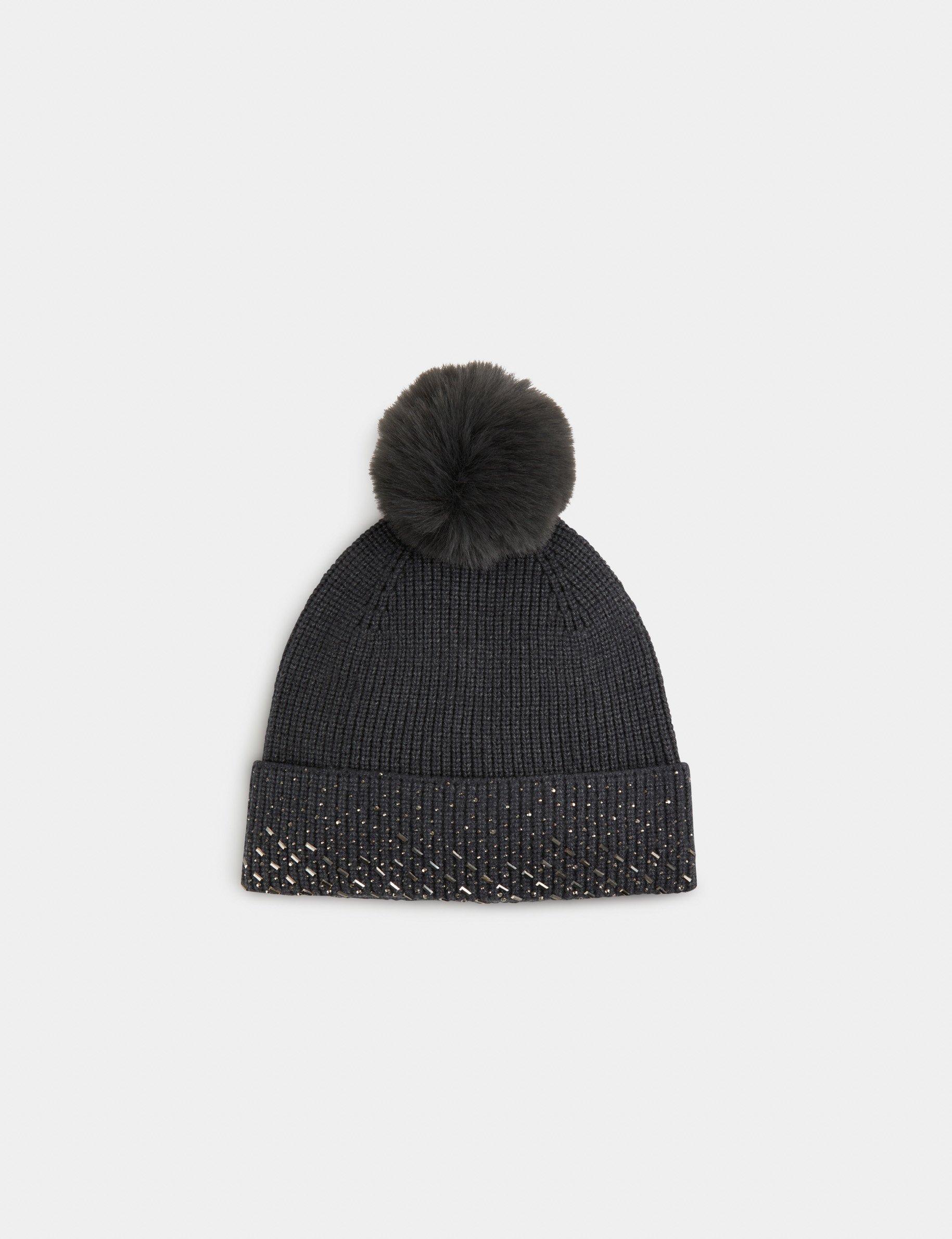 Image of Bonnet avec strass et pompon gris moyen femme