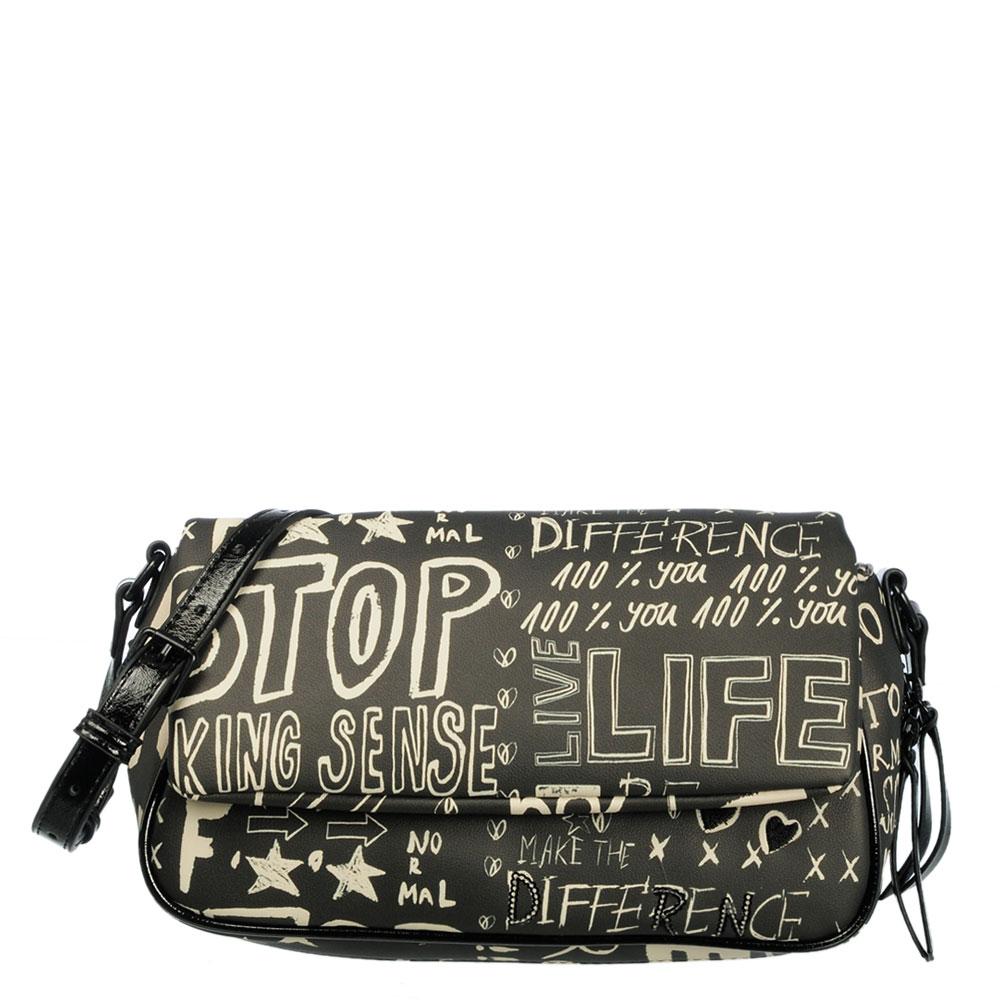 Image of <p>Sac trotteur <strong>Desigual</strong> Messages Sequins en similicuir. <br />Un modèle aux imprimés sympas, dont le fond <strong>extensible</strong> par un zip, peut vous faire gagner 2 ou 3 précieux centimètres... <br />Il contient deux poches zippées